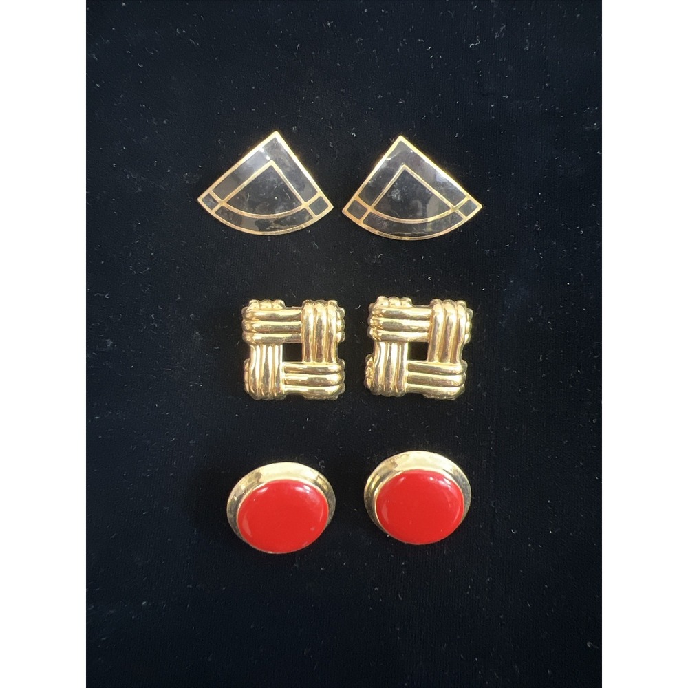 3 Pair 80's 90's Earring Lot Gold Tone Black Red Square Triangle Circle No Backs